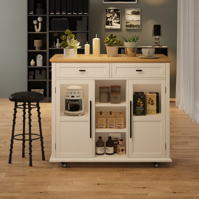 Chariot pour îlot de cuisine 36 po avec plateau en bois massif - Chariot de rangement mobile avec tiroir, tablettes à 3 niveaux et roulettes verrouillables