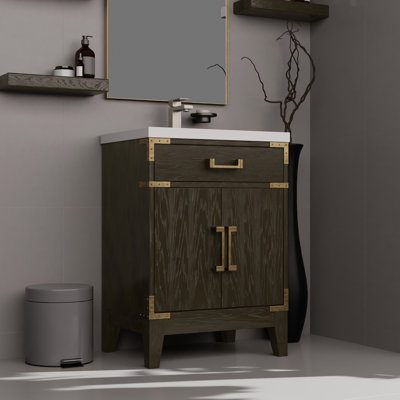 Meuble-lavabo en chêne brun 24 po X 18 - Unité de comptoir et miroir en acrylique à fermeture en douceur avec rangement