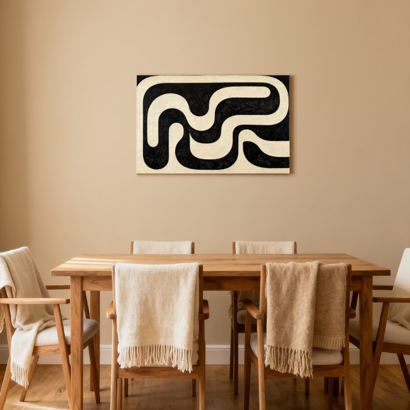 Ensemble de 1 tableau sur toile à motif ondulé abstrait noir et crème, H 12 po x l 18 po