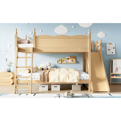 Lit superposé double au-dessus de double avec tablettes de rangement, lit superposé en bois massif avec glissière et échelles, conception à profil bas, naturel