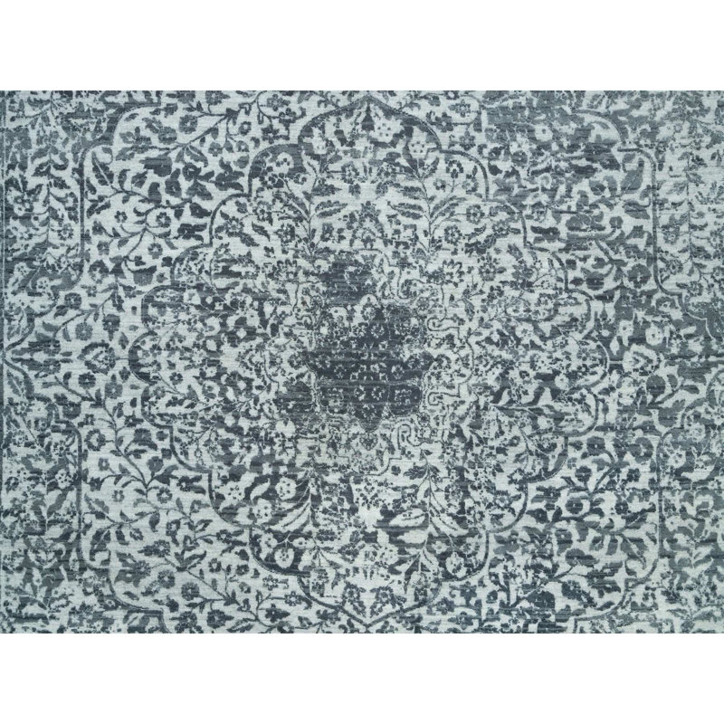 10'x10' Grey Hand Knotted Broken Zoroastrian Square Wool And Silk Rug G90134