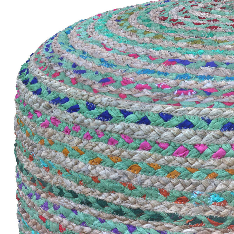 Pouf rond 20 po en jute et coton rayé bleu gris et vert