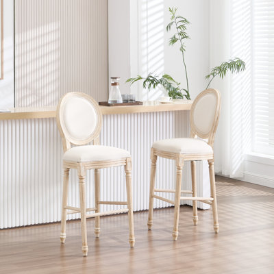Ensemble de chaises de bar rembourrées de style campagne française à dossier rond de 30 po de hauteur beige, démontables, structure en bois massif, coton et lin, tréfilage, idéal pour le salon, la cuisine,