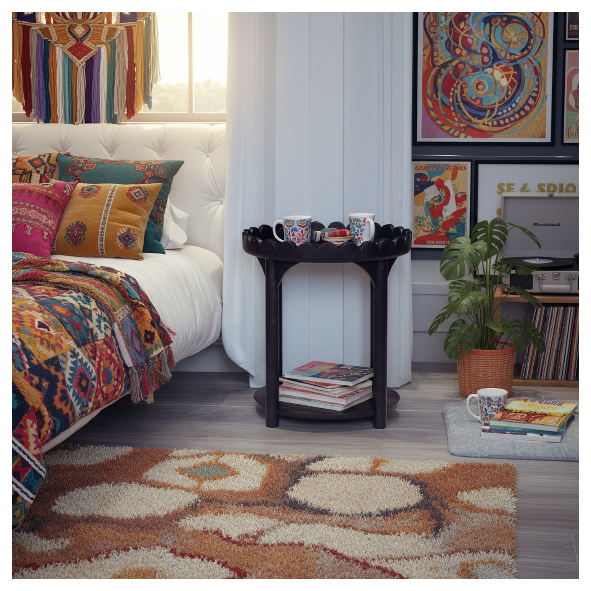 Madeline Scalloped Round Side Table, Navy Blue
