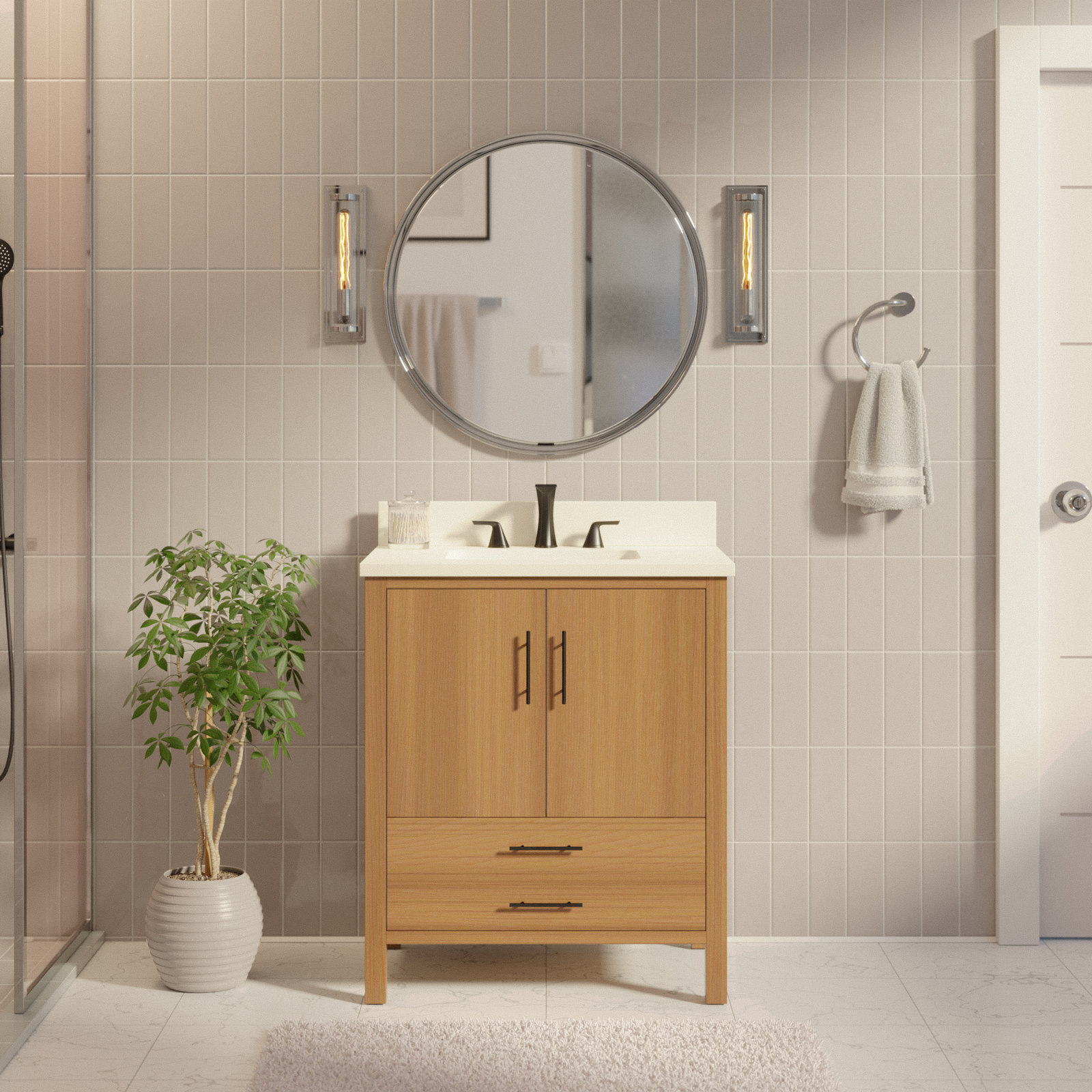 Kiara 30'' Single Bathroom Vanity, White Quartz, Blonde Veneer