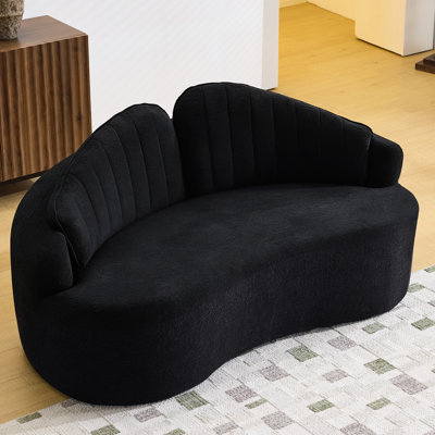 Canapé à deux places incurvé en chenille noire avec siège amovible, style rétro minimaliste, idéal pour les petits espaces. Assise mi-ferme, rembourrage en mousse, 4 places, hauteur 83 cm, structure compacte.