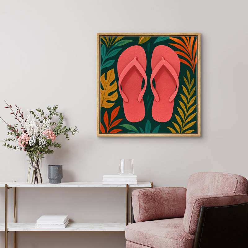 «Tropical Leaves with Flip Flops», reproduction d'art sur toile encadrée, Naturel, H 24 po x l 24 po