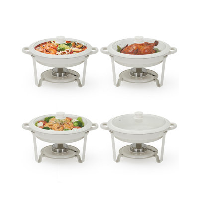 4-Pack Maifanite-Coated Round Chafing Dish Buffet Set – 5.3QT Nonstick & Mark-Resistant Food Warmers with Glass Lids, Stackable Stainless Steel Alternative – For Catering, Parties, Weddings