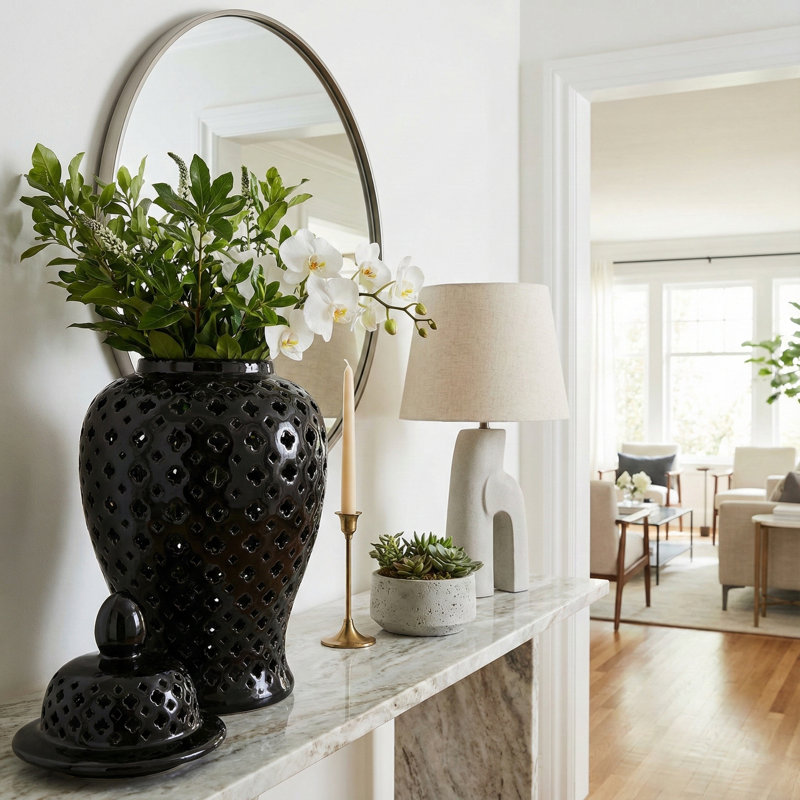 Grand pot décoratif en céramique avec couvercle pour la décoration intérieure, H 24 po x l 14 po x P 11,81 po, Noir