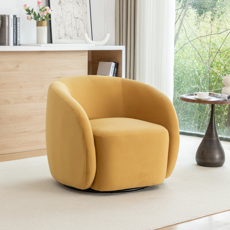 Fauteuil demi-tonneau pivotant en velours Arrun, Jaune moutarde