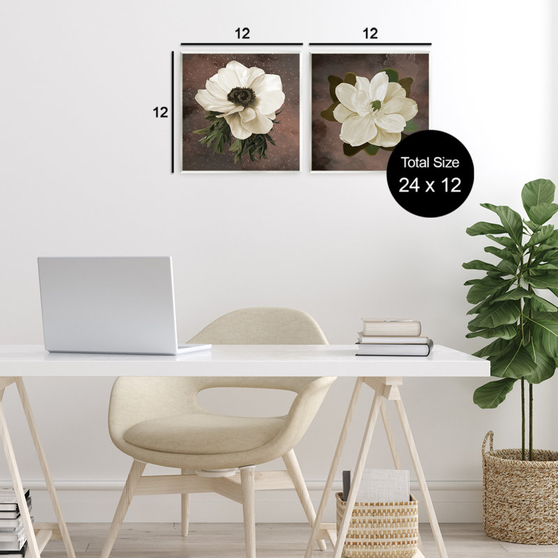 Ensemble de 2 plaques murales fleurs blanches sur fond brun, design par Jennifer Stith