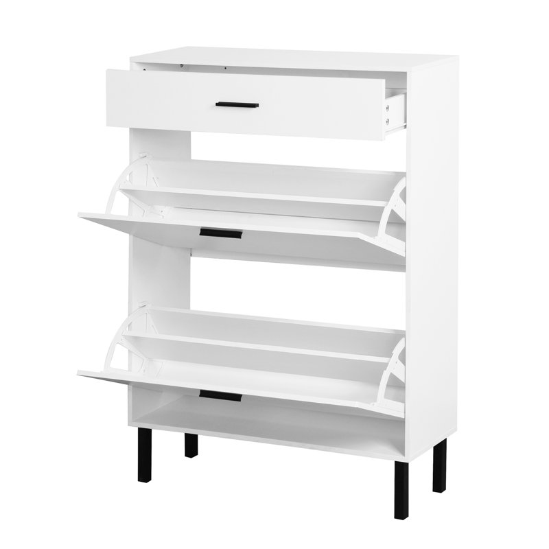 Armoire à chaussures avec 2 tiroirs rabattables et pieds en métal - Rangement pour hall d'entrée moderne avec finition blanche et rangement