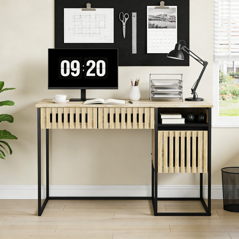 Fluted Computer Desk with 3 Drawers and Shelf, Metal Frame Modern Home Office Desk, Light Oak Workstation for Bedroom & Living Room