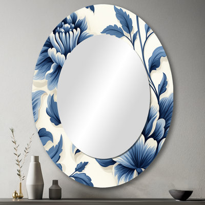 Blue Marine Flower Damask Serenity - miroir damassé, miroir mural décoratif gris, impression d'art en métal