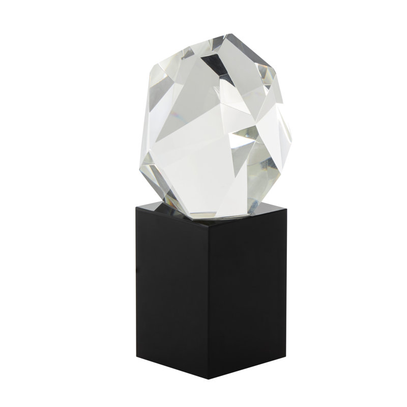Wakenda Glass Cut Stone Inspired Abstract Decorative Clear Sculpture with Black Base, 8.35" H x 3.7" W x 3.85" D