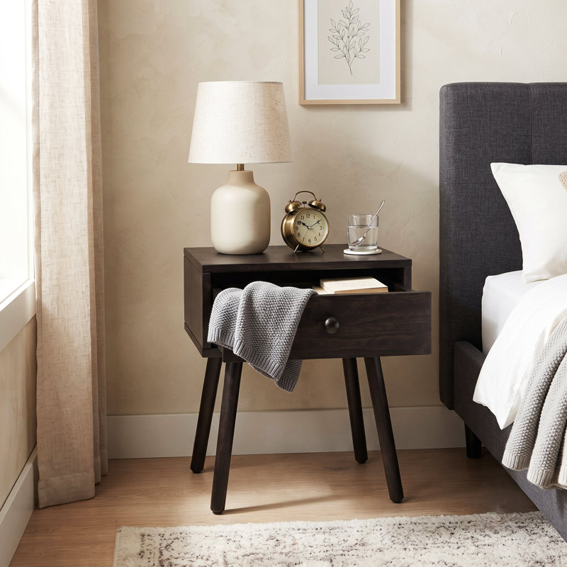Table de chevet à tiroir en bois massif, couleur brun espresso, style moderne du milieu du siècle, avec rangement