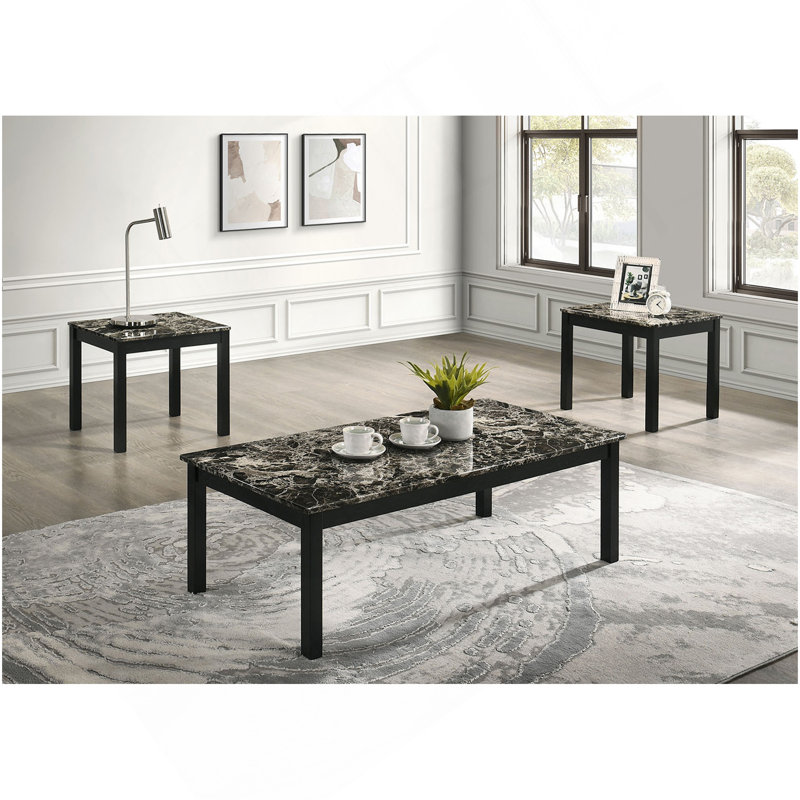 Ensemble de table 3 pièces de style contemporain 1 table basse 1 table de bout 2 x plateau en faux marbre avec pieds en bois au fini noir et blanc