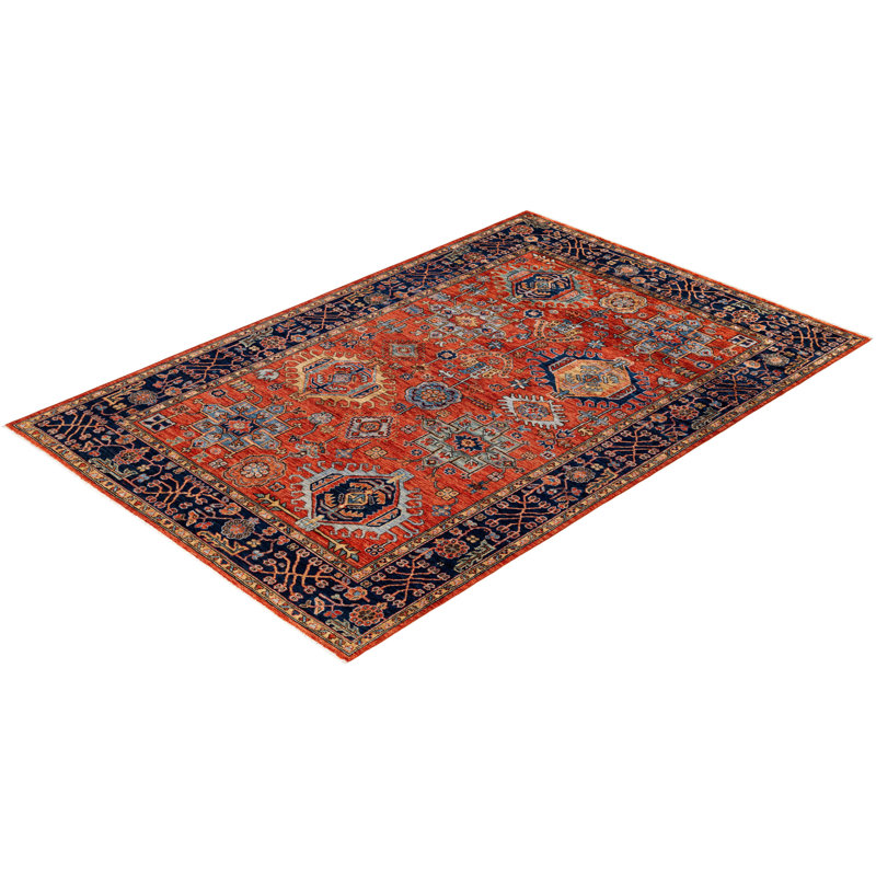 Tapis unique noué à la main Dobbins - rouge, 5 pi 11 po x 8 pi 10 po