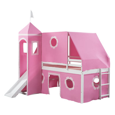 Queribus Low Loft Bed with Slide, Wood Kids Castle Loft Bed with Playhouse Tent & Tower
