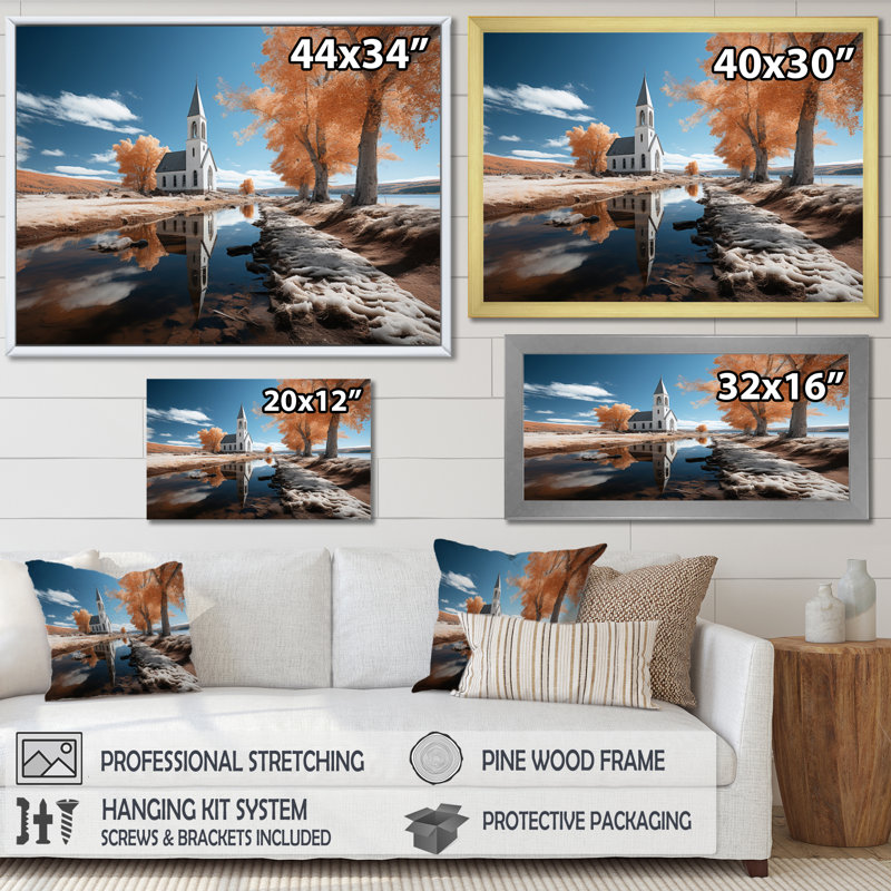 «Landscape Church Sacred Reflections I», reproduction d'art sur toile, Cadre flottant noir, H 16 po x l 32 po x P 1 po