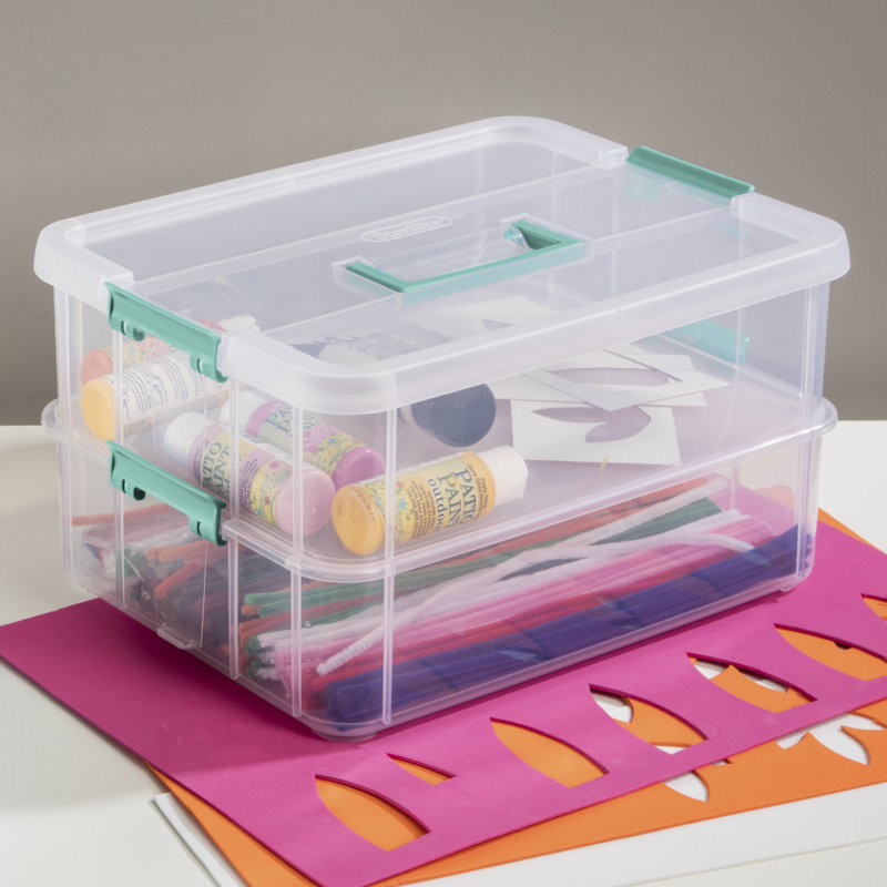 Sterilite Stack and Carry 2 Layer Handle Box, Small Storage Latch Lid Container, Organize Crafts, 16