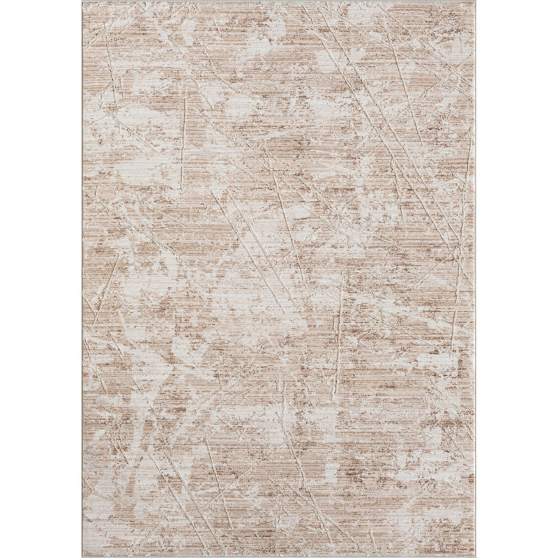 Tapis en polypropylène / polyester abstrait tissé à la machine en beige / ivoire, Rectangle 4 pi x 6 pi