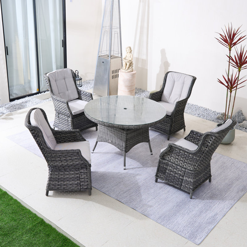 Ensemble repas rond extérieur avec coussins, Gris, 4