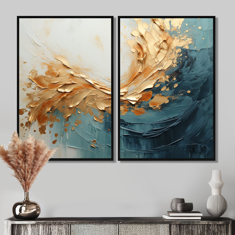 Or et sarcelle aurore harmonie I - art mural sur toile dorée, 36" H x 48" W, Floater Framed Print without Mat, Black