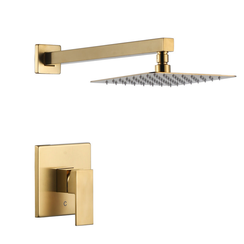 Single Handle Square 1 -Spray Shower Faucet 1.8 GPM With 15 In. Shower Arm And Pressure Balance, Gold