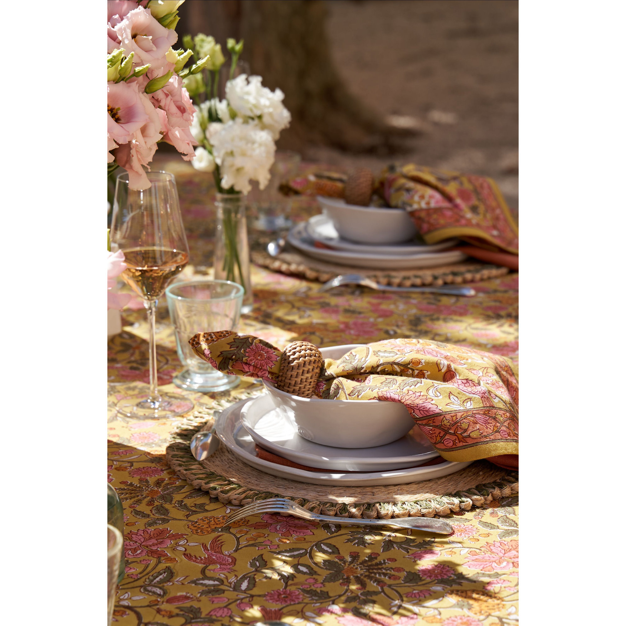 Trenton Tablecloth - Pink/Mustard - 59" x 59", 71'' Square