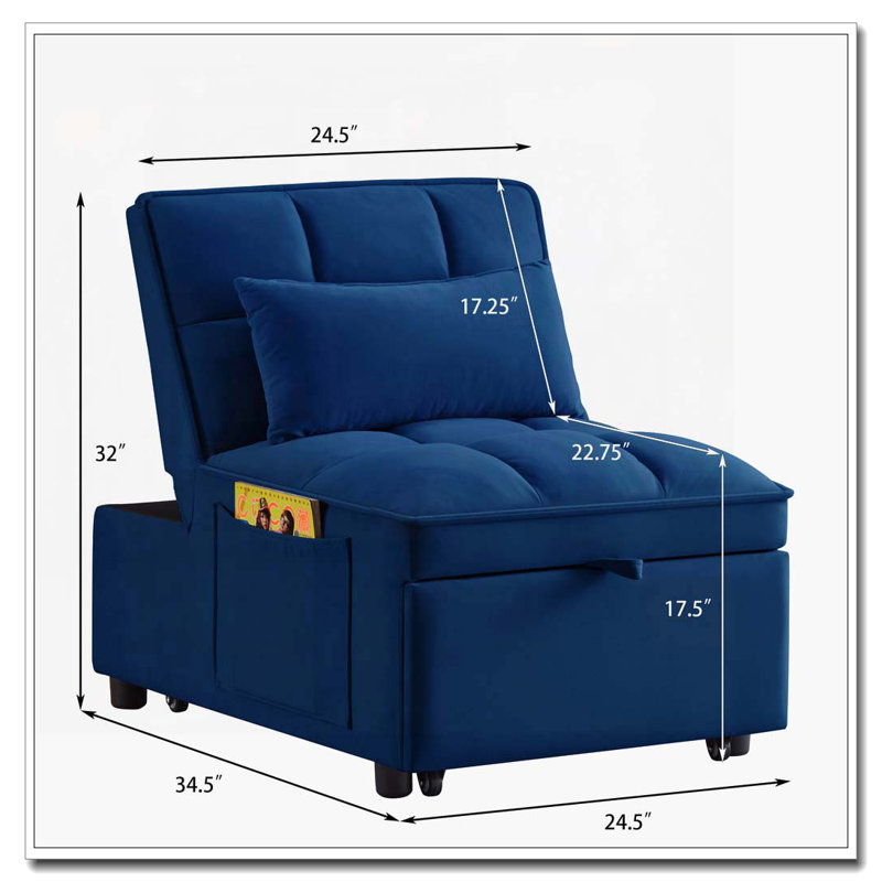 Fauteuil-lit rembourré en velours avec dossier réglable et coussins, Marine