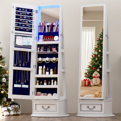 360° Rotatable Jewelry Mirror Cabinet with Built-in LED Lights, Inner Mirror, Drawer and Shelves