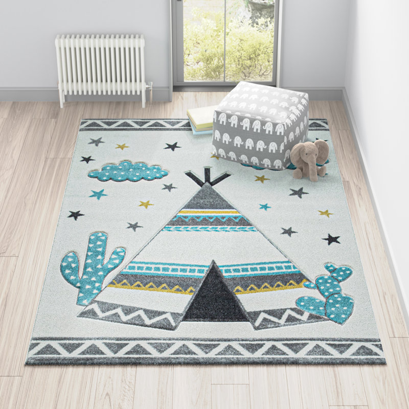 Tapis bleu / gris Petterson, Rectangle 3 pi 11 po x 5 pi 7 po