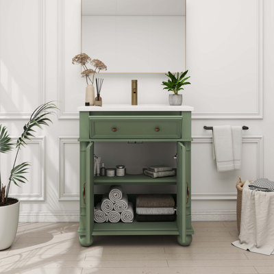 Lavabo de salle de bain 27,8 po Mid-Century avec colonne romaine, meuble-lavabo autoportant Farmhouse avec rangement, meuble-lavabo haut de gamme avec poignées en métal et structure en bois massif