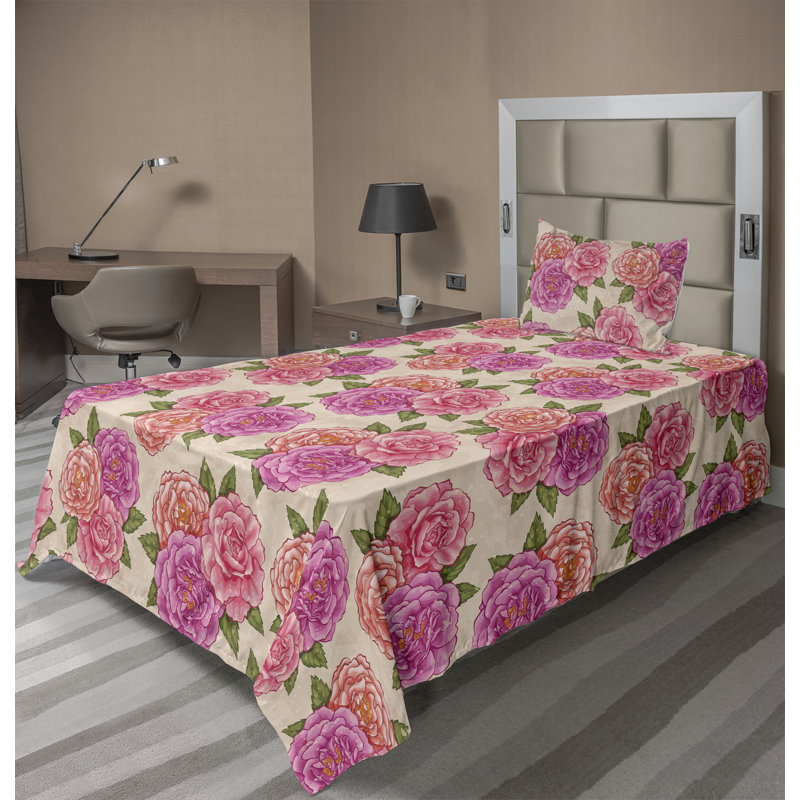 Ambesonne Watercolor Botany Sheet Set 4 Pcs Retro Boho Bloom, Twin Sheet Set with 1 Pillowcase, Fern Green Soft Pink Floral