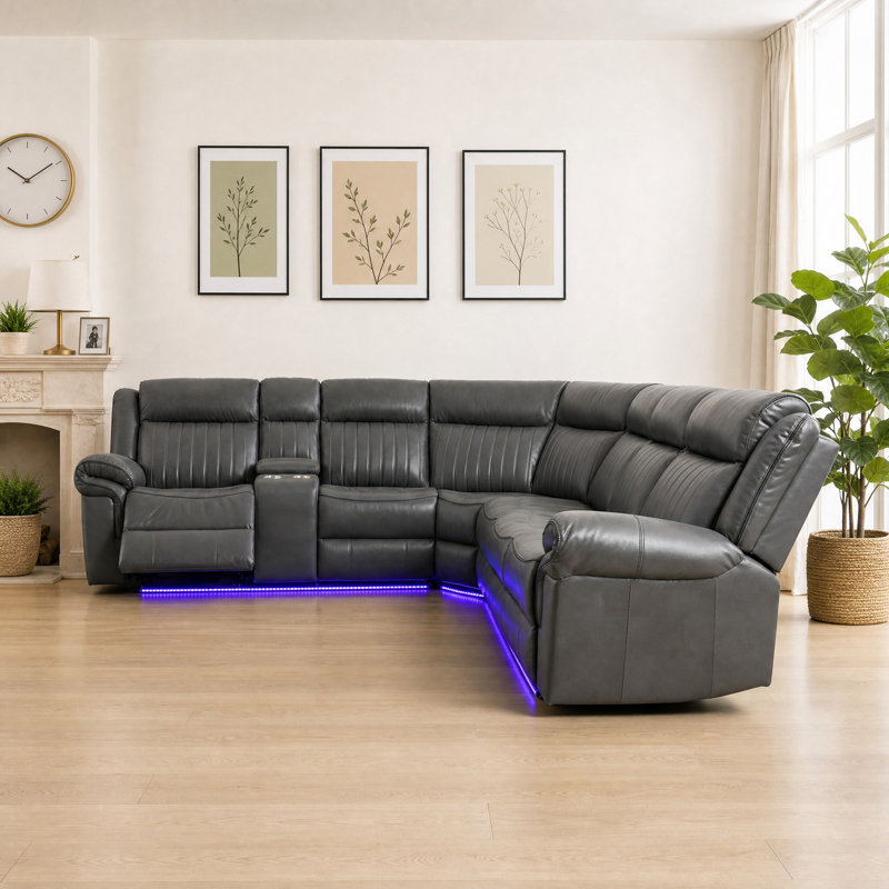Canapé inclinable électrique en L en similicuir 3 pièces avec éclairage à DEL, console de recharge sans fil et multimédia