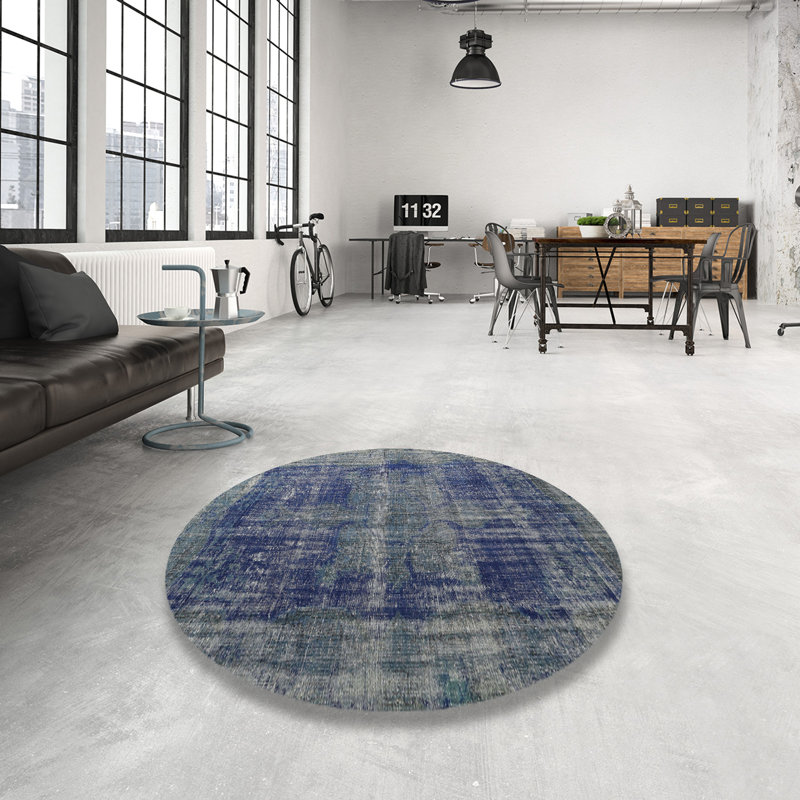 Tapis oriental bleu / gris en laine, Rond 7 pi
