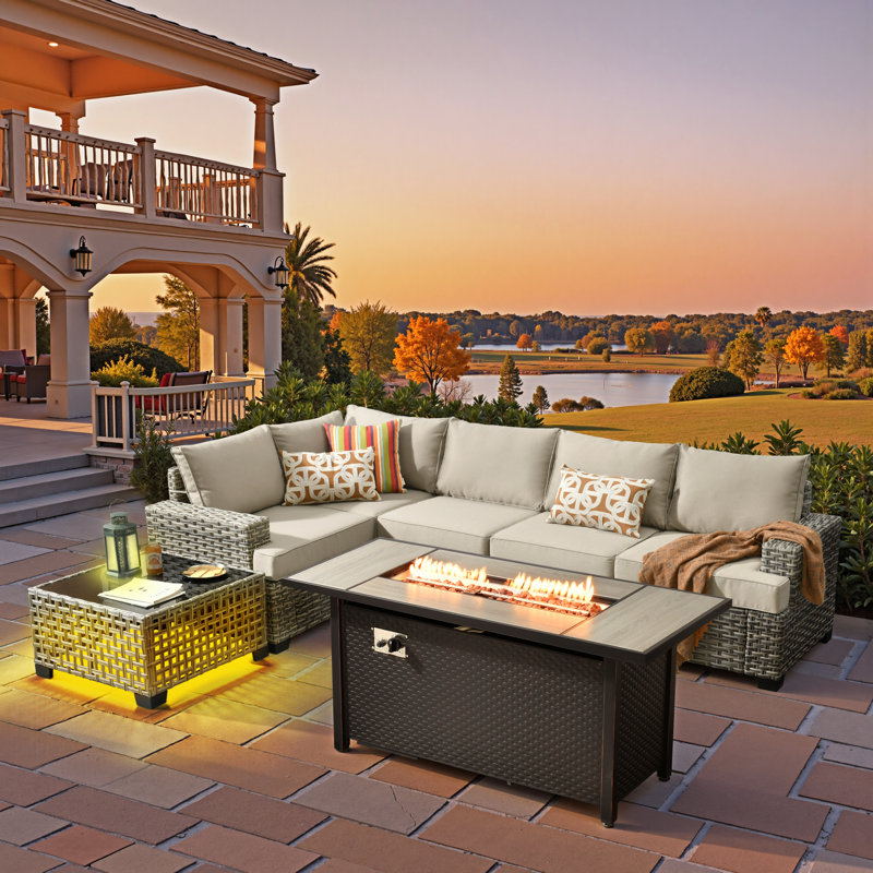 5-person  Outdoor Sectional With Cushions,led Coffee Table And Fire Pit,all-weather Wicker Patio Set, Beige