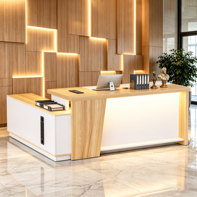 Bureau de réception en forme de L 78,7 po de qualité supérieure avec éclairage à DEL réglable à télécommande, tiroirs de rangement verrouillables et gestion des câbles, grain de bois champagne et finition beige