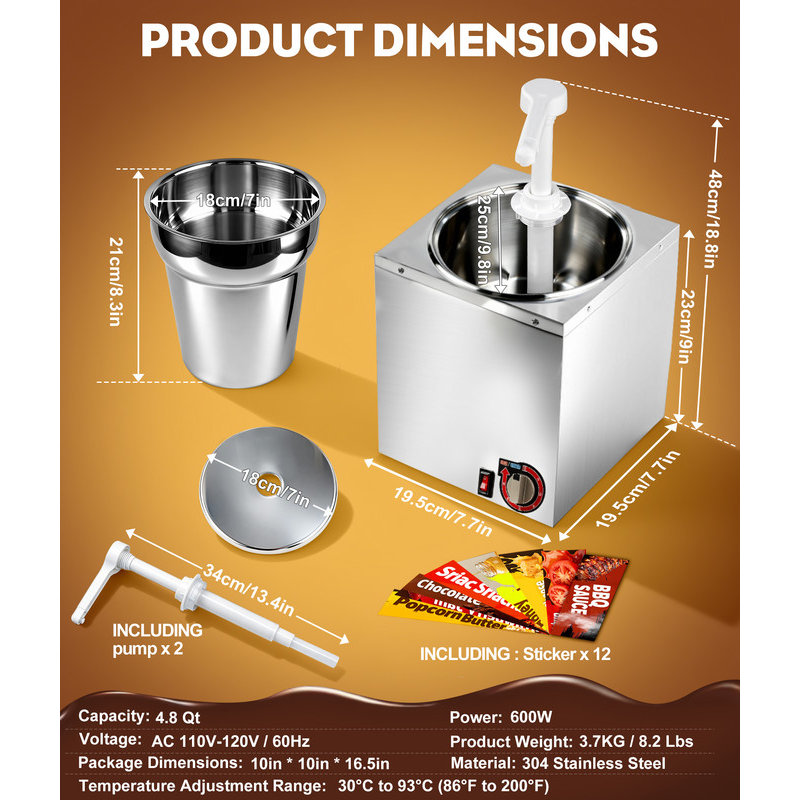 4.8Qt Commercial Rotating Dual-Pump Sauce Warmer, Stainless Steel Cheese & Hot Fudge Dispenser with 6-Temperature Adjustments for Nacho, Caramel, Chocolate & More