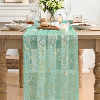Chemin de table en gaze turquoise et or de 3 m, orné de paillettes métalliques transparentes, idéal pour les repas, les mariages, les anniversaires et les fêtes à la maison. Décoration de table parfaite pour les réceptions à domicile.