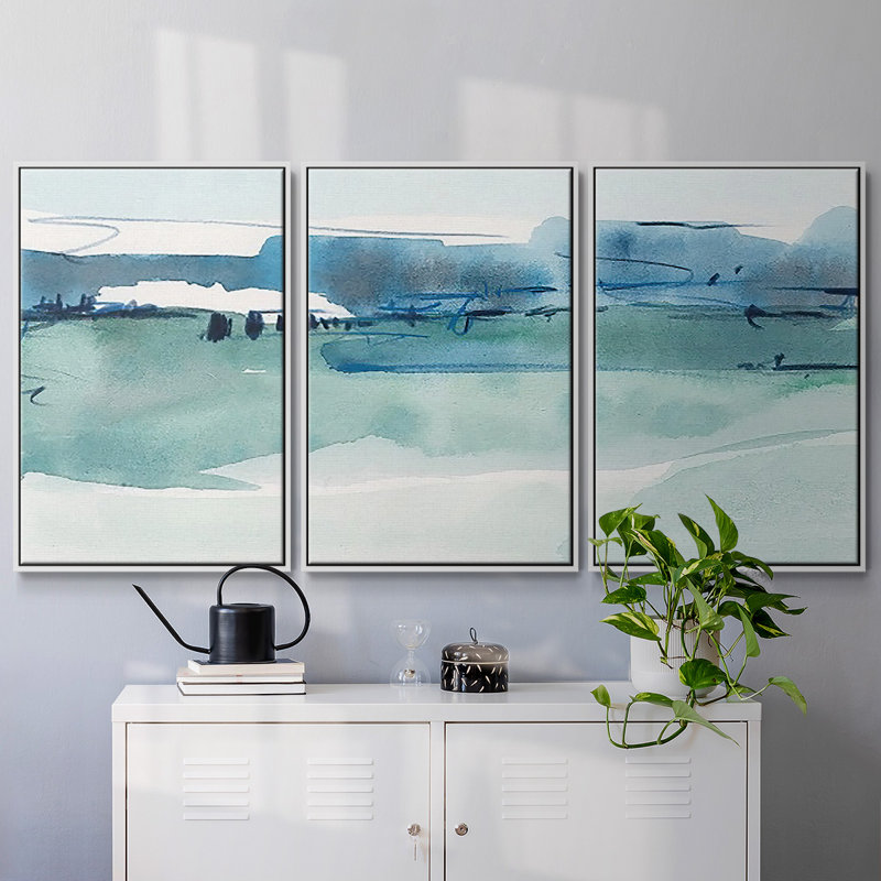 Ultramarine Vista I, ensemble de 3 toiles encadrées sur toile, Cadre blanc, H 24 po x l 48 po