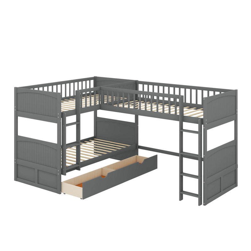 Triple lits superposés en L, lit simple Buck avec lit mezzanine attaché et deux tiroirs, Gris