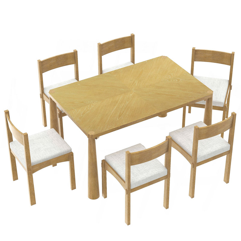 Ensemble de table de salle à manger 7 pièces pour 6 personnes, ensemble de table de salle à manger en bois pour 6 personnes avec chaises rembourrées pour la cuisine et la salle à manger (bois naturel délavé)