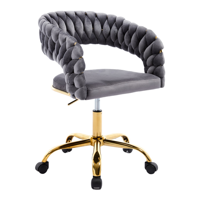 Woven Home Office Chair, Velvet Upholstered Desk Chair With Open Back, Height Adjustable Task Chair, Office Armchair With Wheels, Vanity Chair, Computer Chair For Office, Studio