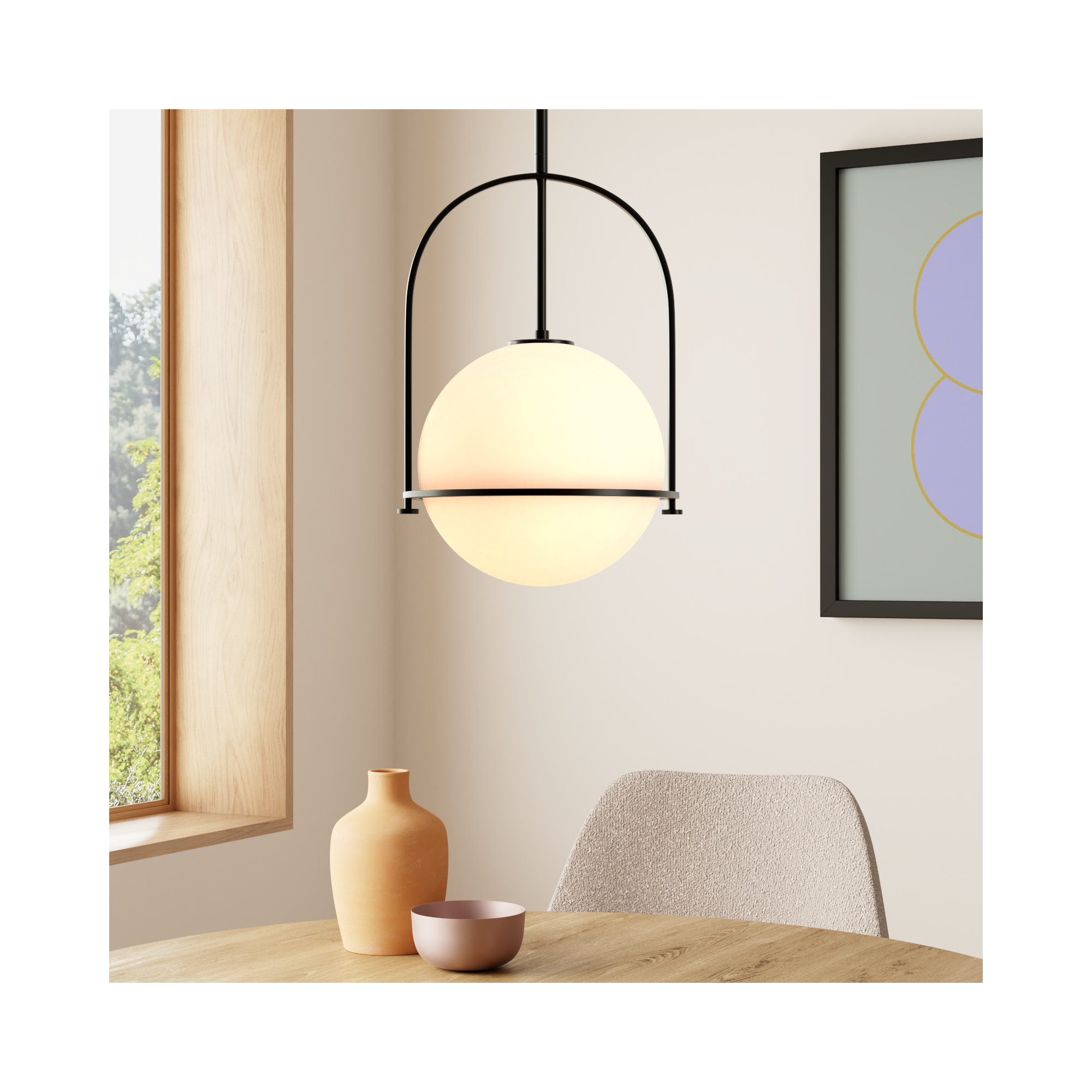 Arie Single Light Pendant w/ Globe Shade, Black, 17" H x 11.5" W x 11.5" D