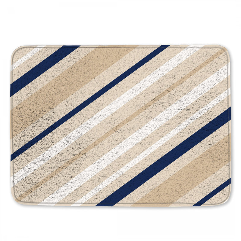 Tapis de bain beige à rayures bleu marine, L 24 po x L 17 po