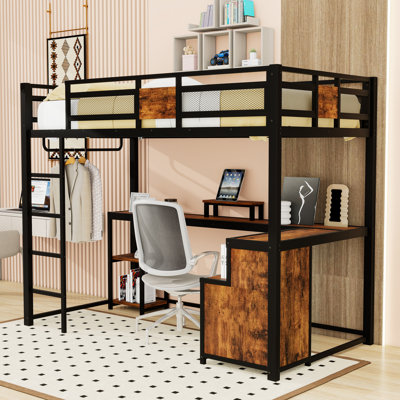 Twin XL Two Drawers Metal Loft Bed with Desk and Guardrails
