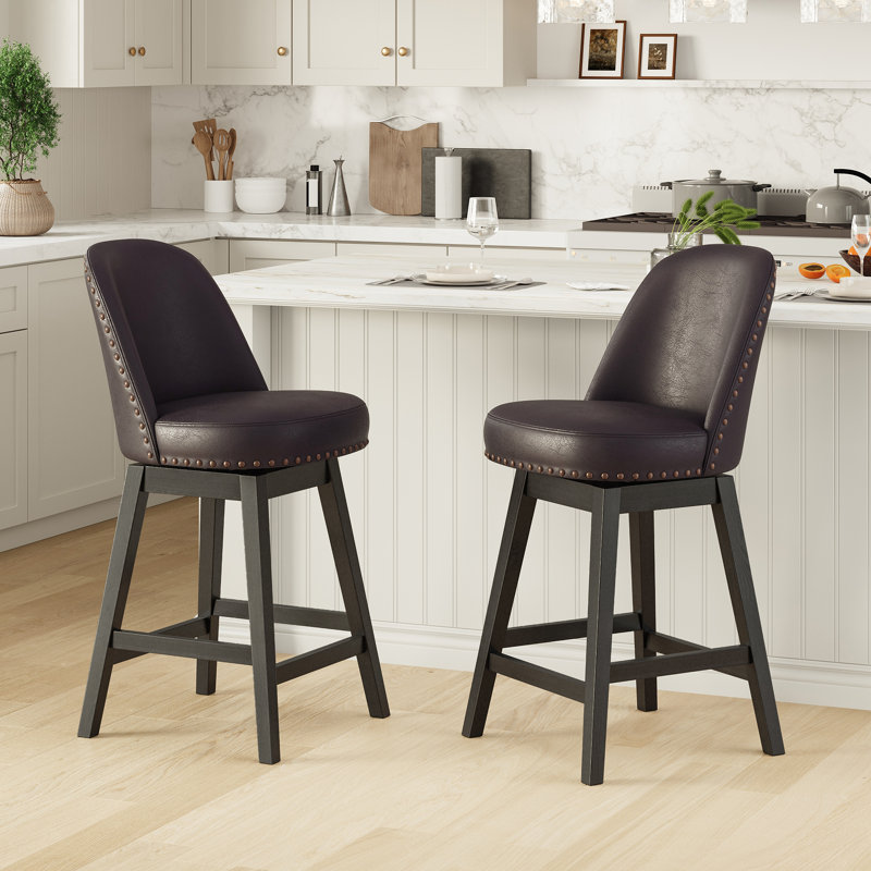 Vintage Upholstered Swivel Bar Stool with Solid Wood Legs, Dark Brown