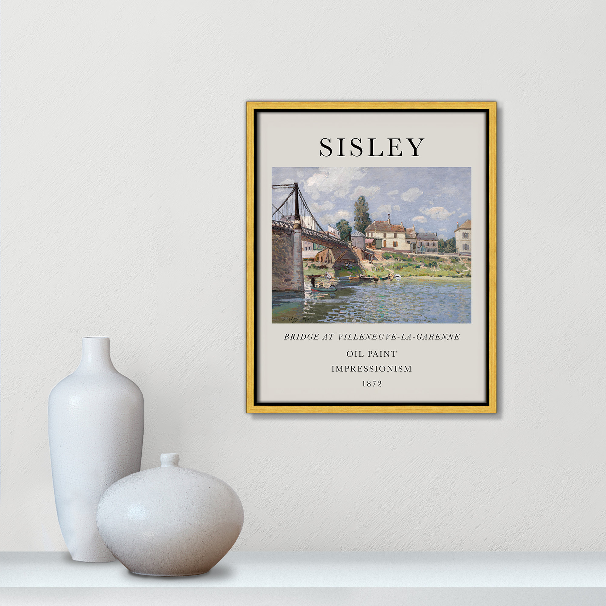 Old Masters Collection " The Bridge At Villeneuve " by Alfred Sisley, Gold Floater Frame, No, 15.5" H x 12.5" W x 2" D